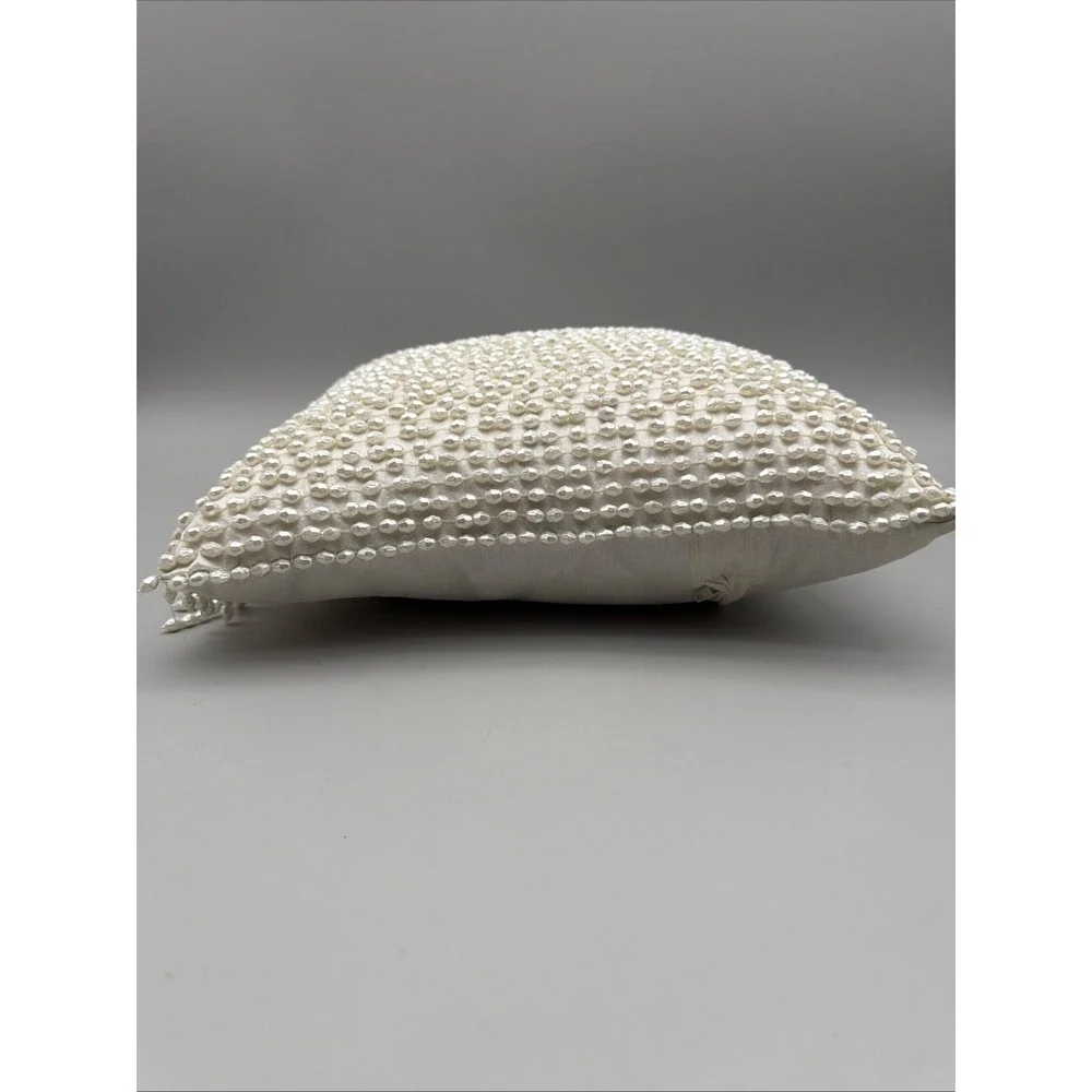 Ivory Pearl Beaded Accent Pillows 2 Fringe 11x11 Glam Hollywood Regency Decor *